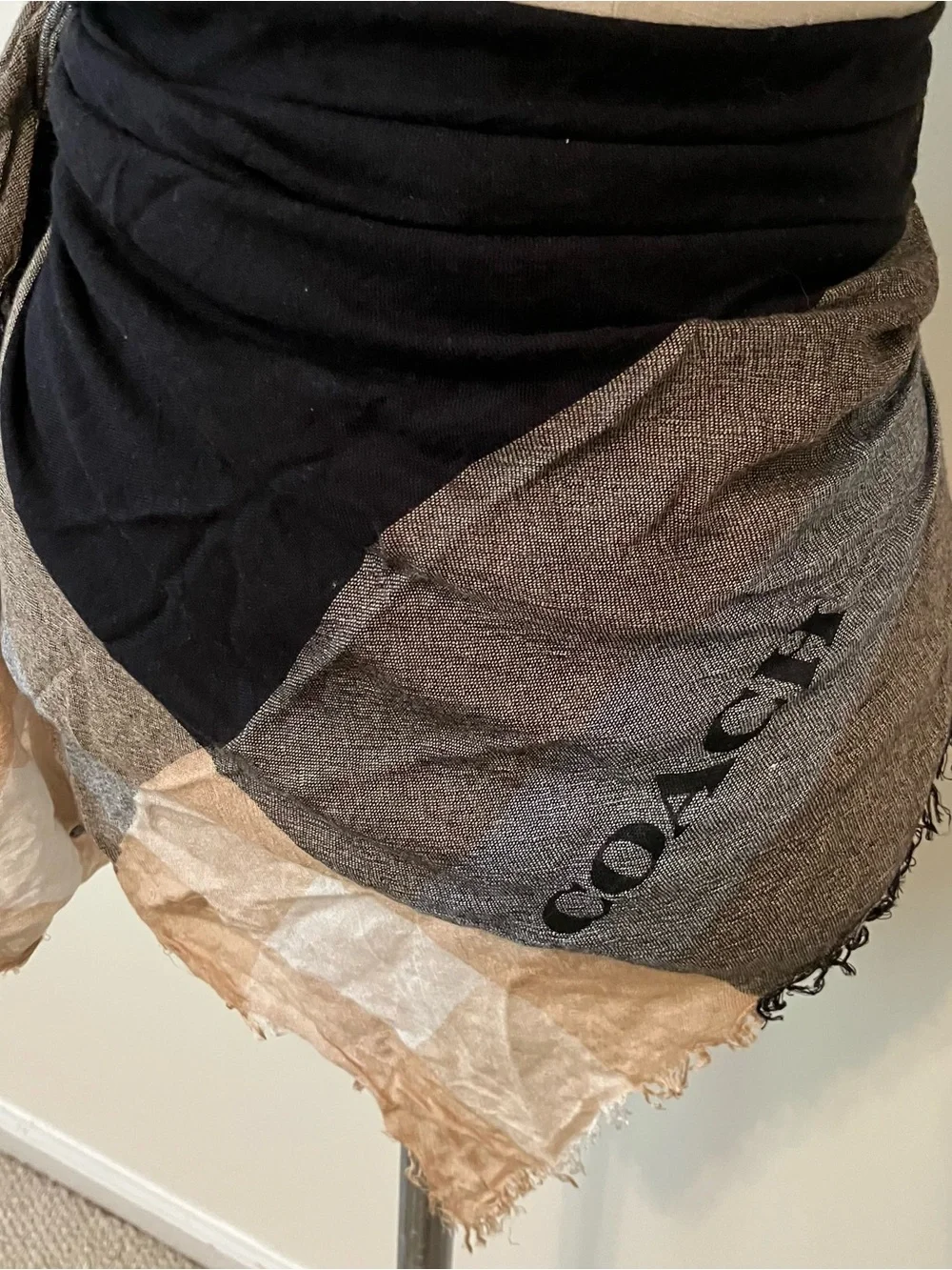 Coach Plaid Square 42” Scarf Shawl Brown Black Old Money Preppy Neutral
